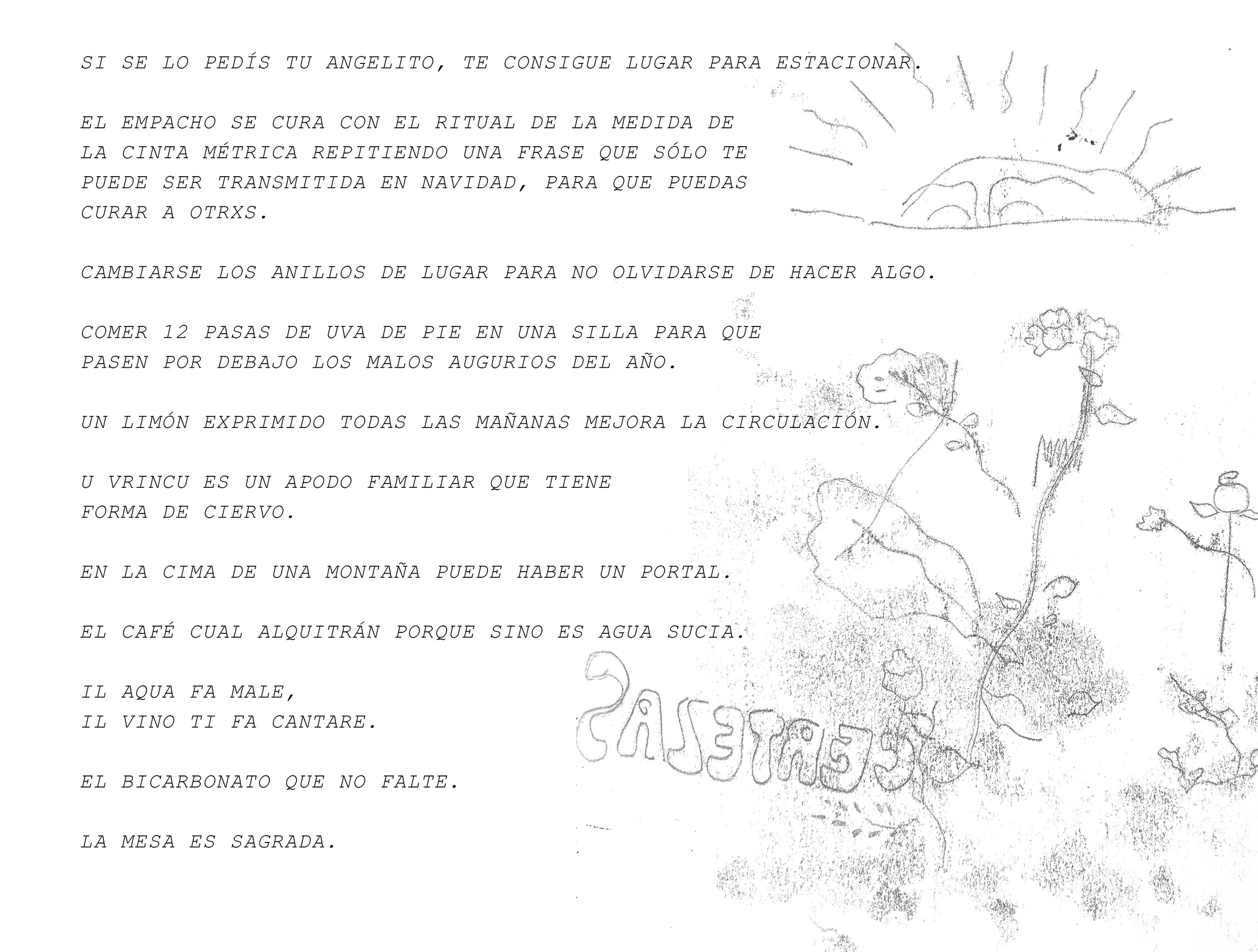Hoja de textos y dibujos que reúne las frases de Certezas