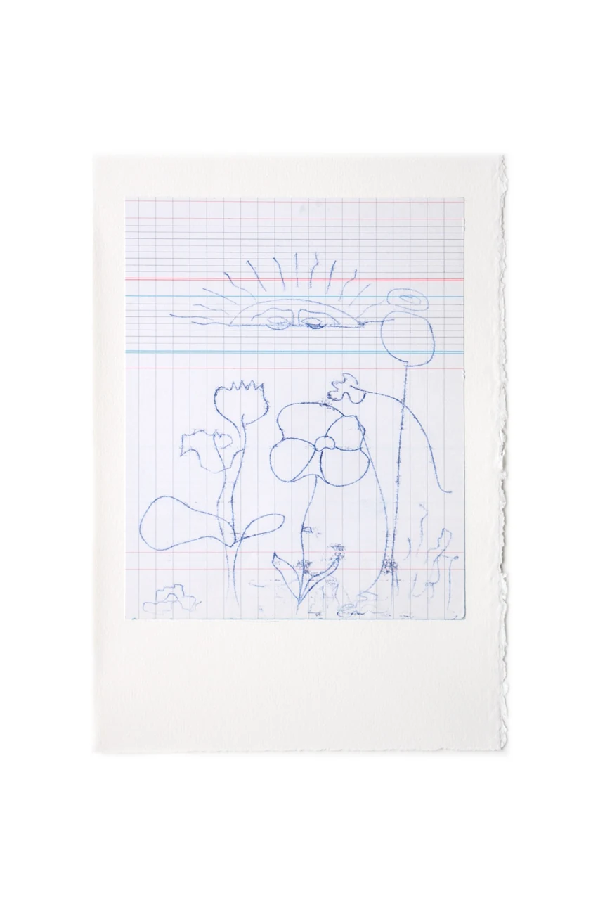 Monotipo Sale el sol, se baila malambo con dibujo lineal azul